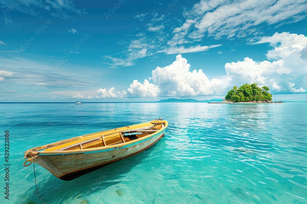 Aufkleber A small boat floating in the middle of a large body of water, suitable for use as a background or to represent leisure activities
