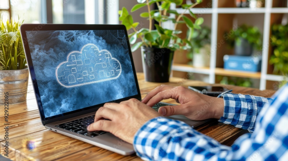 Poster utilizing smart cloud storage hands typing on laptop illustrating data security, scalability.