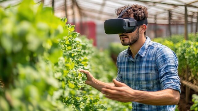 A farmer utilizes virtual reality goggles for crop rotation planning in a greenhouse filled with plants