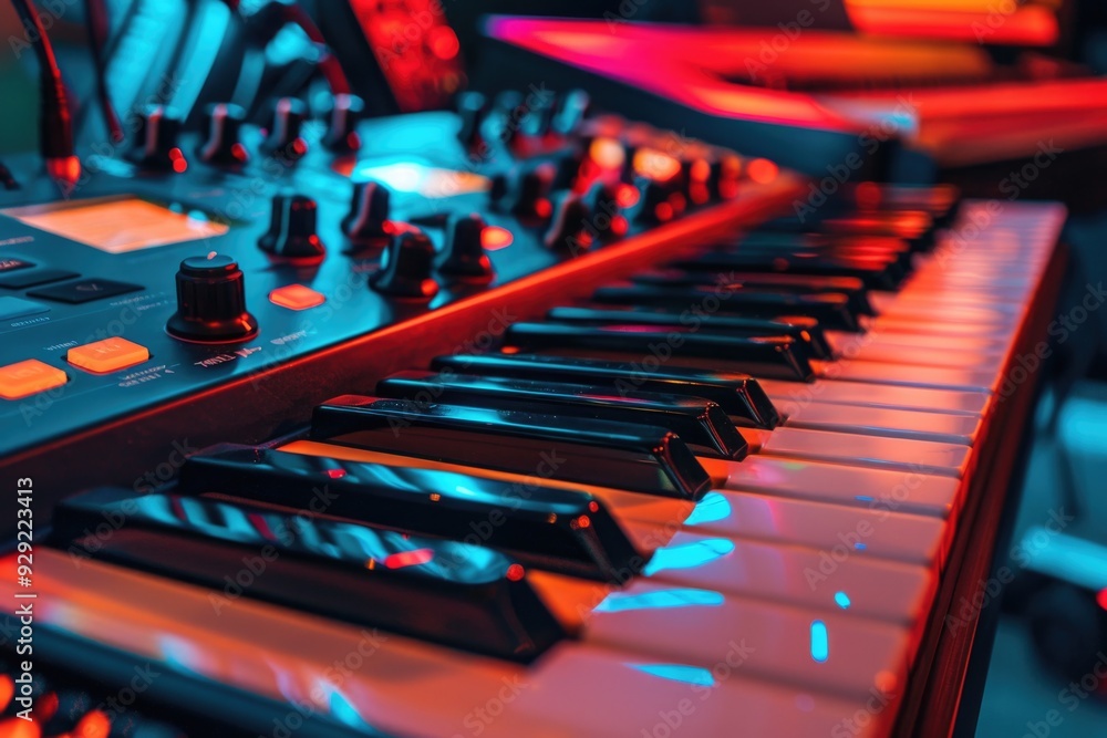 Poster a close-up shot of an electronic keyboard in a room