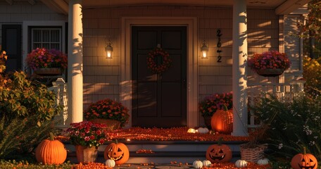 Obraz premium Halloween decoration with pumpkins and flowers on the front porch of an American house