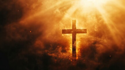 Fototapeta premium cross of jesus christ on sorrow darkness and bright light and rays background with generative ai