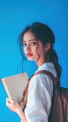 Fototapeta premium A woman with a backpack and book standing against blue background, AI