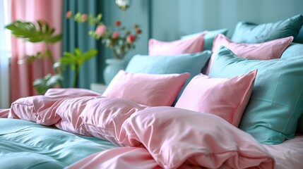 Soft Pastel Bedding in a Luxurious Bedroom.