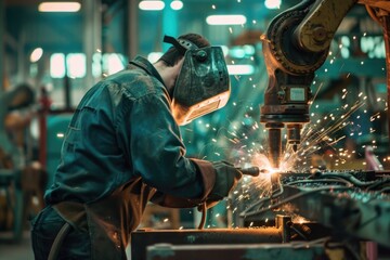 A person wearing a welding mask works on a piece of metal, illustration for industry or DIY projects