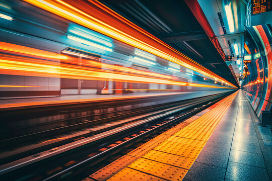 Fototapeta Subway tunnel with Motion blur in city from inside. Metro in motion, high-speed train in railway station, public transit commute.