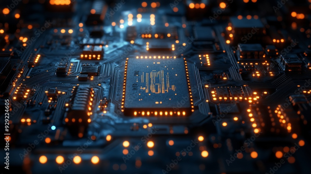 Poster modern cpu performing complex calculations with orange lights