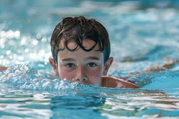 Happy an 8 year old boy is riding in the water Park or swimming pool on inflatable circles on water slides with splash. Summer vacation. Happy childhood. Joyful waterpark leisure.