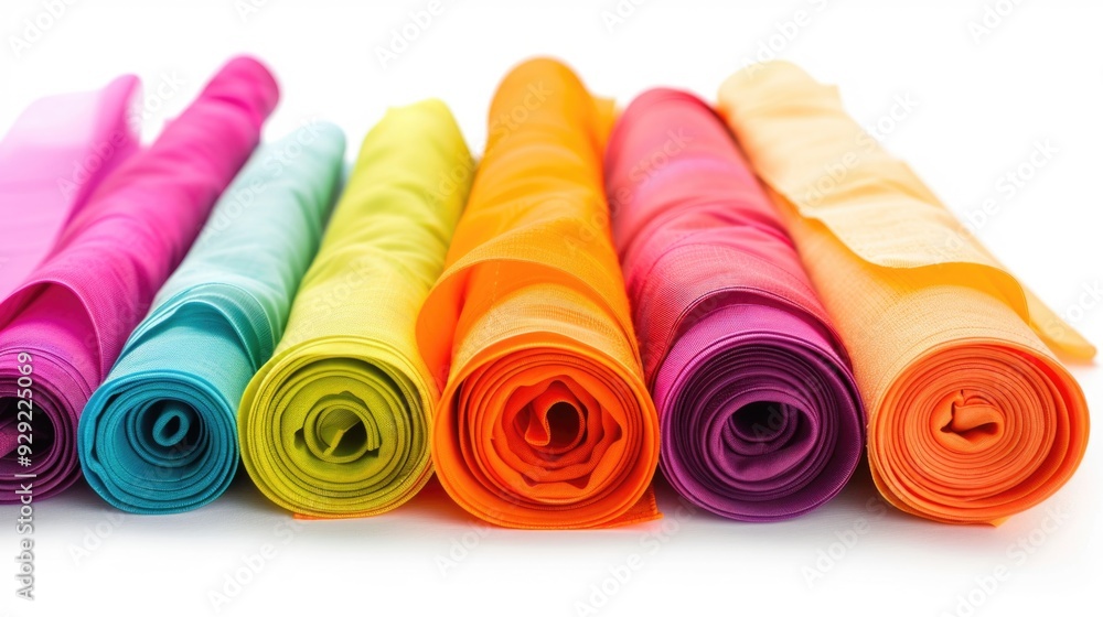 Poster a collection of vibrant, rolled-up cloths sit on a white surface, ready for use or display