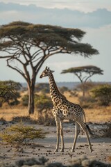 Obraz premium A solitary giraffe stands tall in the African savanna, surrounded by iconic acacia trees and bathed in soft, natural light.