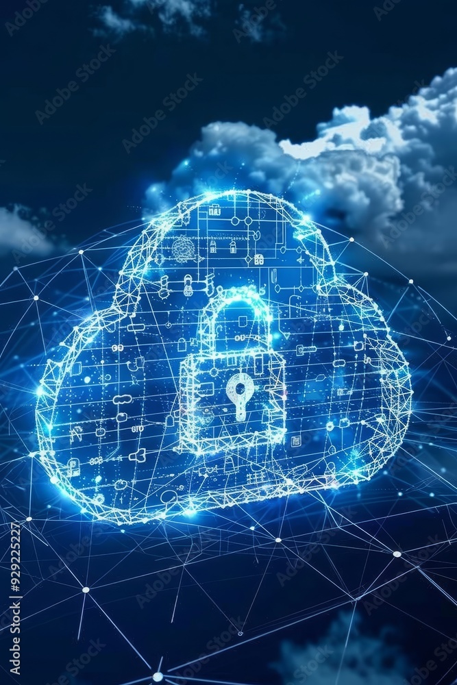 Poster cloud computing security. data protection, secure storage concept. digital cloud, padlock icon.