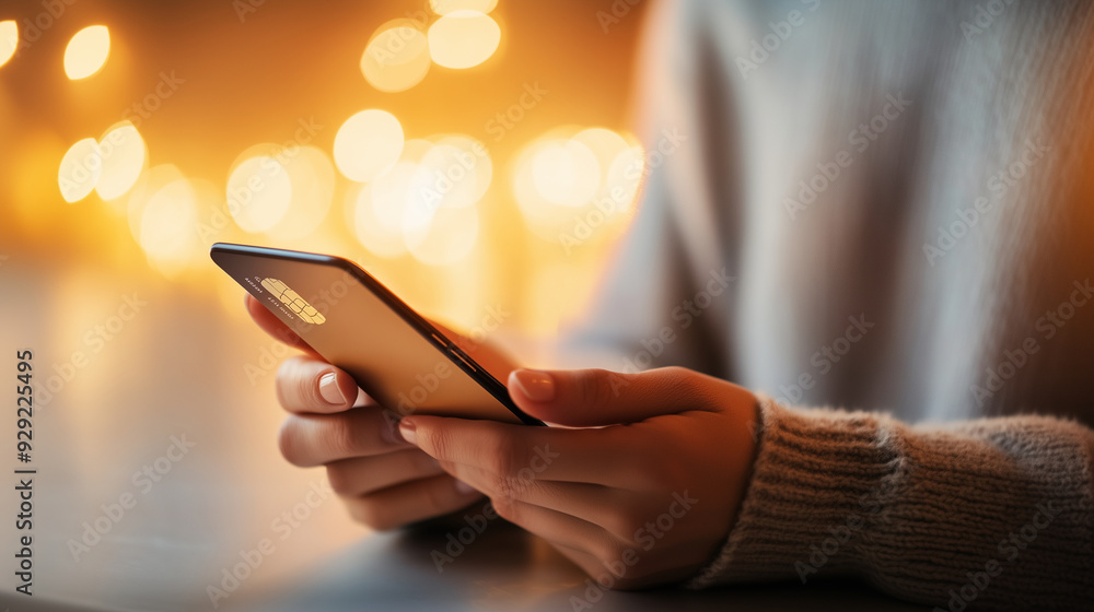Poster a close-up of a person using a smartphone and credit card, ready to make a mobile payment. the warm,