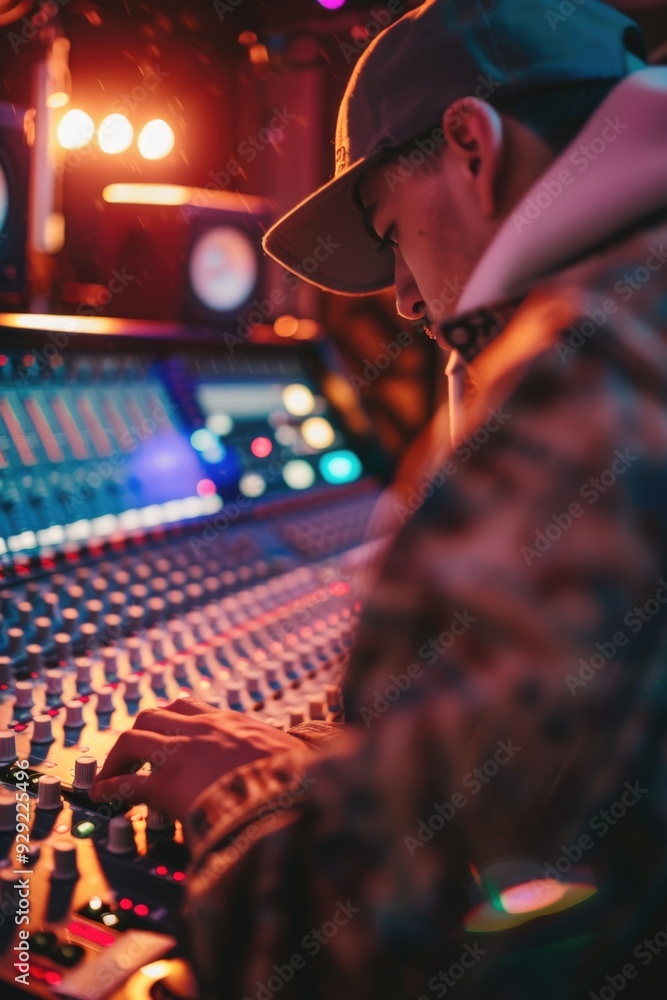 Poster A person working on a soundboard in a professional recording studio setting
