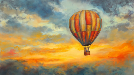 Obraz premium Art hot air balloon, gouache and pastel, sunrise light, colorful and uplifting, rich hues, sky background 