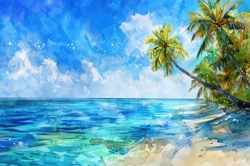 Hand-painted Tropical Sea Shore with Copy Space, Featuring Sunlit Palm Trees and Crystal Blue Waters