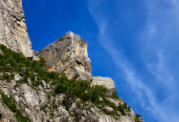 Panoramic view of the Preikestolen rock platform in Norway.