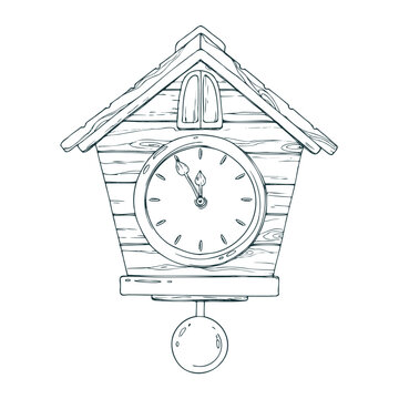 recommend clip art: Wall clock with cuckoo, dial and hands, pendulum, wooden, antique. Line art is a simple hand-drawn illustration in black and white ink. Isolated vector EPS object.