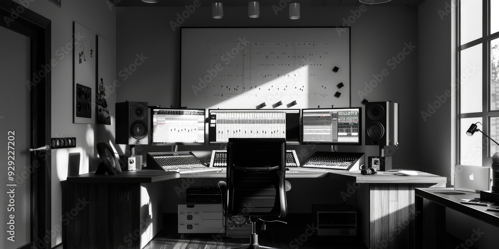 Poster a close-up shot of a computer desk with a black and white photograph on it