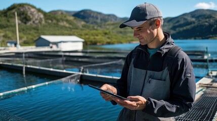 A fish farm worker checks water quality data on a tablet beside fish enclosures in a coastal environment