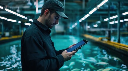 A fish farm worker checks data on a tablet while overseeing fish tanks in a high-tech aquaculture environment