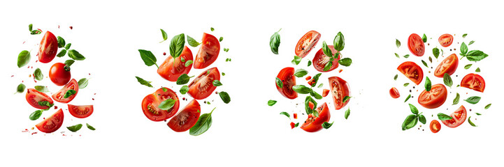 Tomato with half slices falling or floating in the air with green leaves Isolated on a transparent background