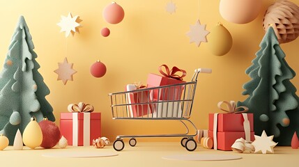 A festive scene with a shopping cart surrounded by gifts and decorations.