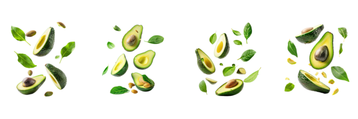 Avocado with half slices falling or floating in the air with green leaves Isolated on a transparent background