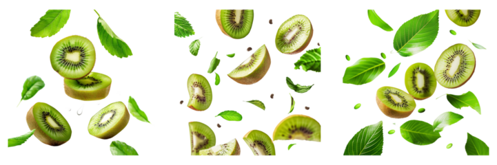 Kiwi with half slices falling or floating in the air with green leaves Isolated on a transparent background
