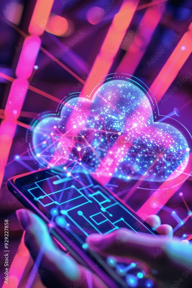 Poster cloud computing technology smartphone user and glowing cloud symbol with network connections