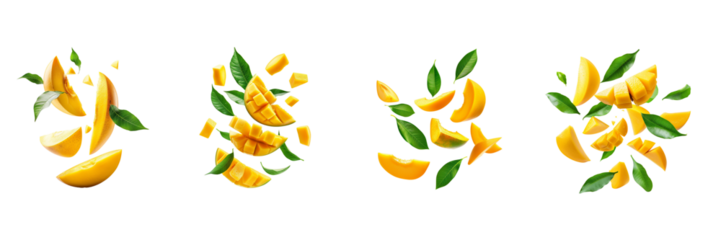 Mango with half slices falling or floating in the air with green leaves Isolated on a transparent background