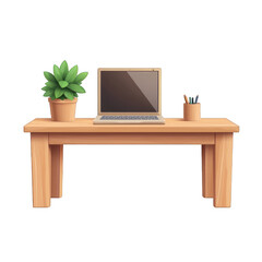 A stylish wooden desk featuring a laptop, plant, and stationery for a modern workspace. Ideal for remote work and productivity. transparent background