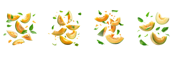 Melon with half slices falling or floating in the air with green leaves Isolated on a transparent background