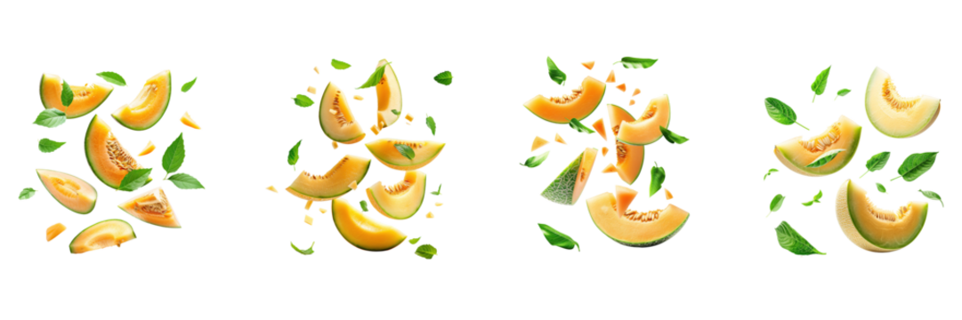 Melon with half slices falling or floating in the air with green leaves Isolated on a transparent background - Powered by Adobe