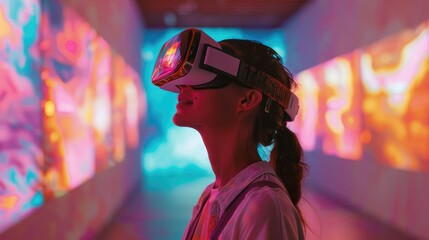 Obraz premium Woman experiencing virtual reality with headset, immersed in colorful digital art installation, futuristic technology concept.