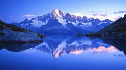 Obraz premium At daybreak, the azure waters of Lac Blanc mirror the snow-capped peaks of Mont Blanc. Chamonix, Haute Savoie, French Alps, France, EuropeMojito drink against a dark backdrop