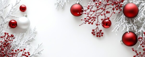 Fototapeta premium Christmas decoration with red ornaments and white snowy branches forming a frame