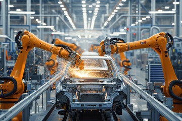 Car manufactory, robot assembly line in car factory. Modern vehicle production, plant process. Automobile production. Automotive industry