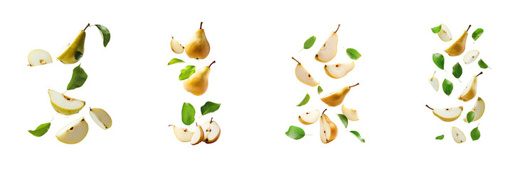 Pear with half slices falling or floating in the air with green leaves Isolated on a transparent background