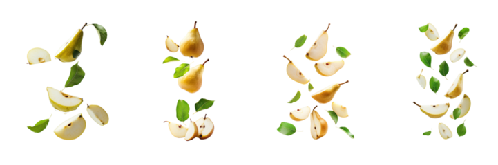 Pear with half slices falling or floating in the air with green leaves Isolated on a transparent background