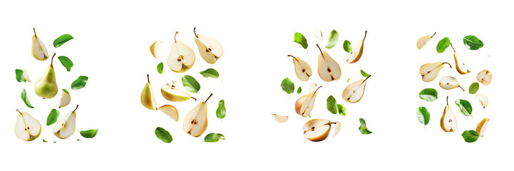 Obraz premium Pear with half slices falling or floating in the air with green leaves Isolated on a transparent background