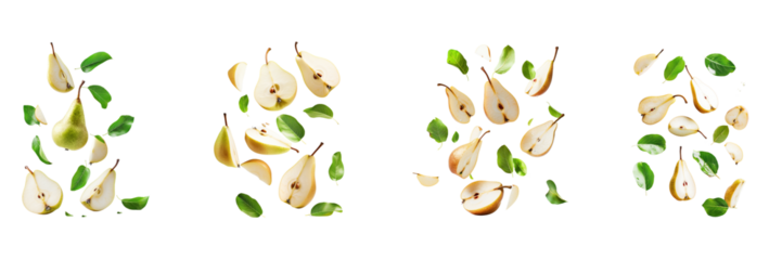 Pear with half slices falling or floating in the air with green leaves Isolated on a transparent background