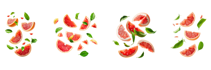 Red Pomelo with half slices falling or floating in the air with green leaves Isolated on a transparent background