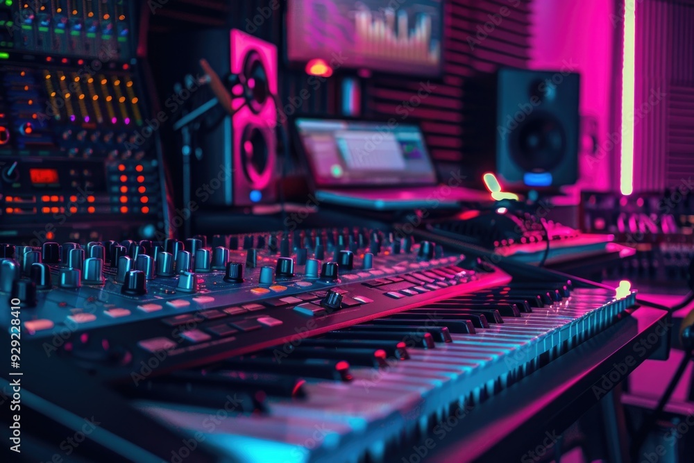 Poster Keyboard and monitor setup in a music studio