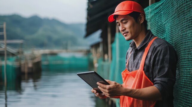 A fish farm worker checks water conditions and aquatic life using a tablet by the farm