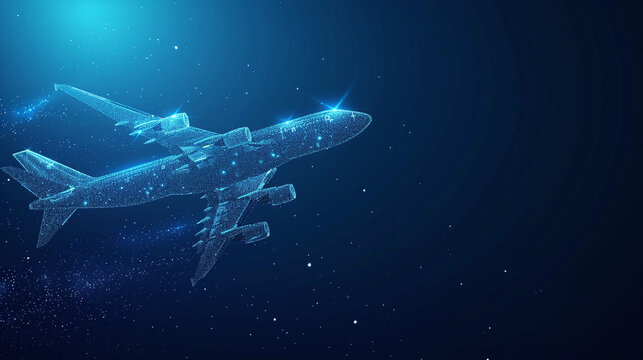Digital 3D Airplane Isolated in Dark Blue Background with Copy Space Area. Abstract Wireframe Aircraft.	