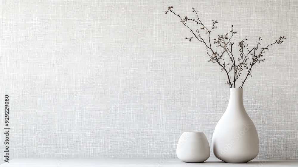 Poster a minimalist arrangement featuring a vase with branches and a smaller vase on a simple surface.