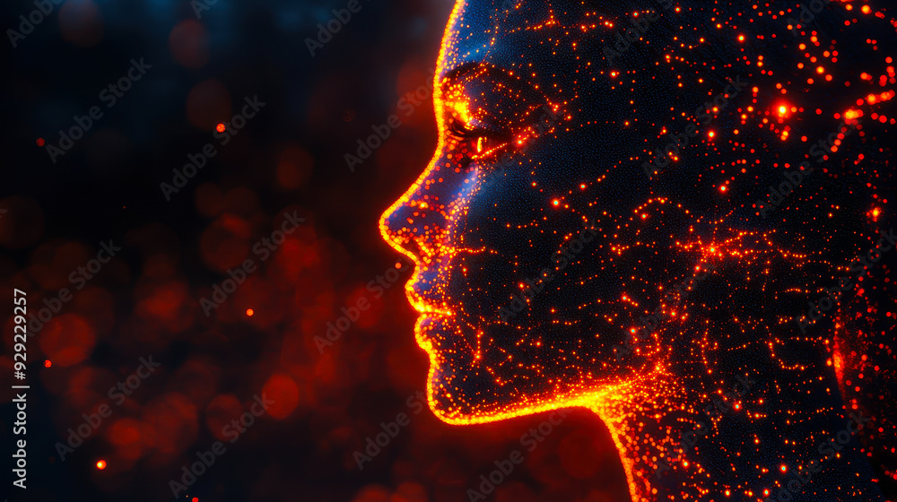 Poster profile of female silhouette composed of glowing data points and neural network connections in dark 