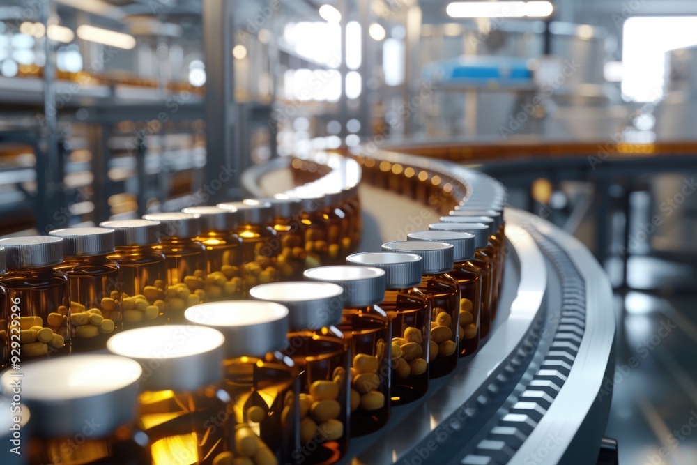Poster conveyor belt carrying multiple bottles, possibly in a factory or packaging setting