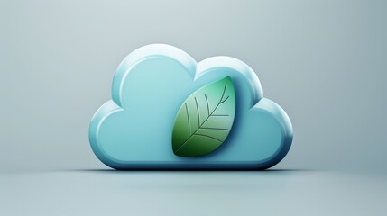 3D Render of Blue Cloud Icon with a Green Leaf, Concept of Cloud Computing Sustainability