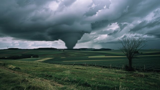 Tornado Looming Over Rolling Farmland - A powerful tornado swirls under dark clouds, casting an ominous shadow over the rolling farmland, highlighting nature's unpredictable force.